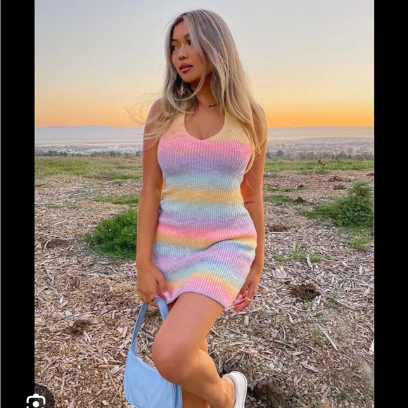 beginning boutique Cloud Nine Halter Mini Dress Rainbow - Picture 1 of 5